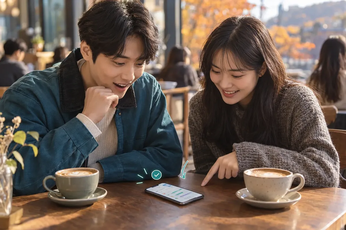 Two friends at a café smile at result cards and colored bars on a phone between their coffee cups.