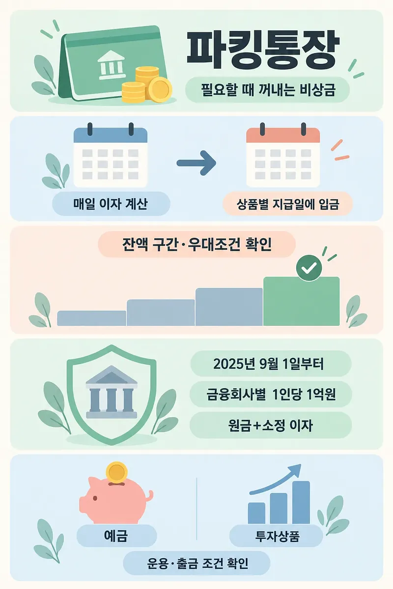 파킹통장 안내 그림에 이자 계산·지급 달력, 금리 구간 그래프, 예금보호 방패와 투자상품 비교가 담겨 있다.