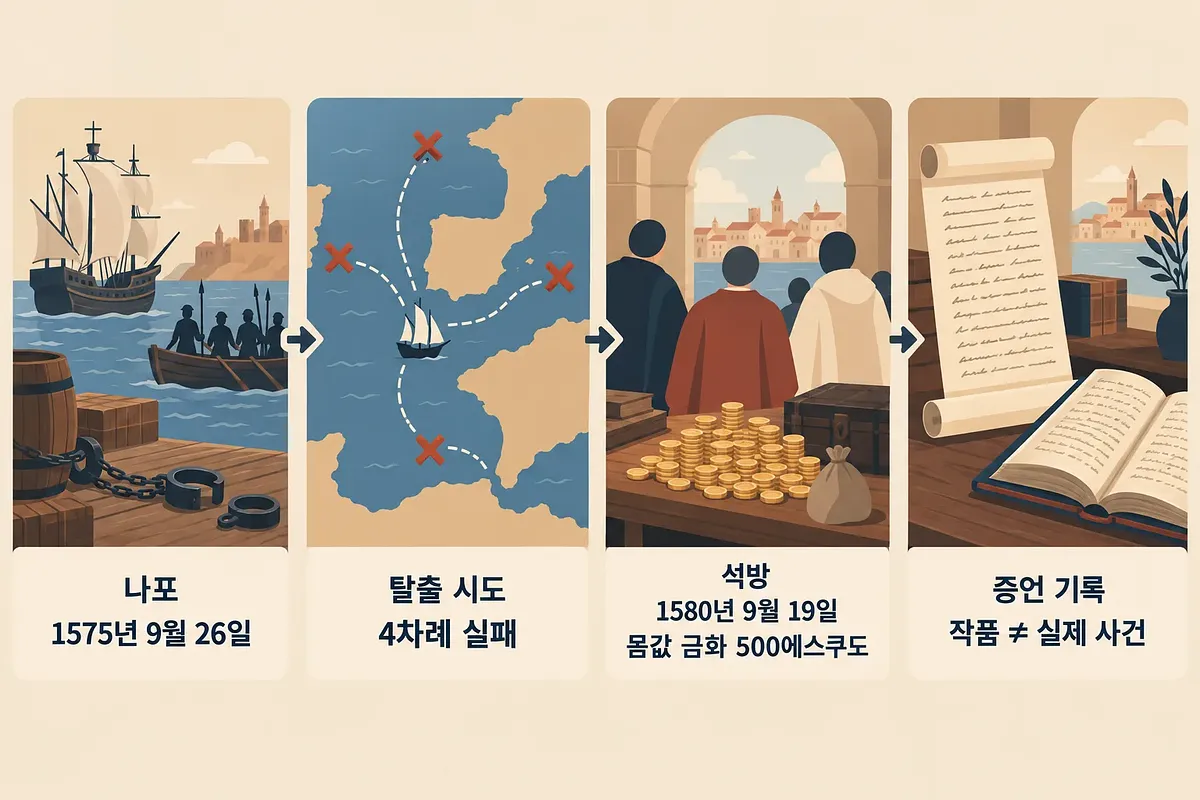 나포된 배, 실패한 탈출 경로, 몸값 금화, 증언 문서를 차례로 보여주는 4단계 인포그래픽