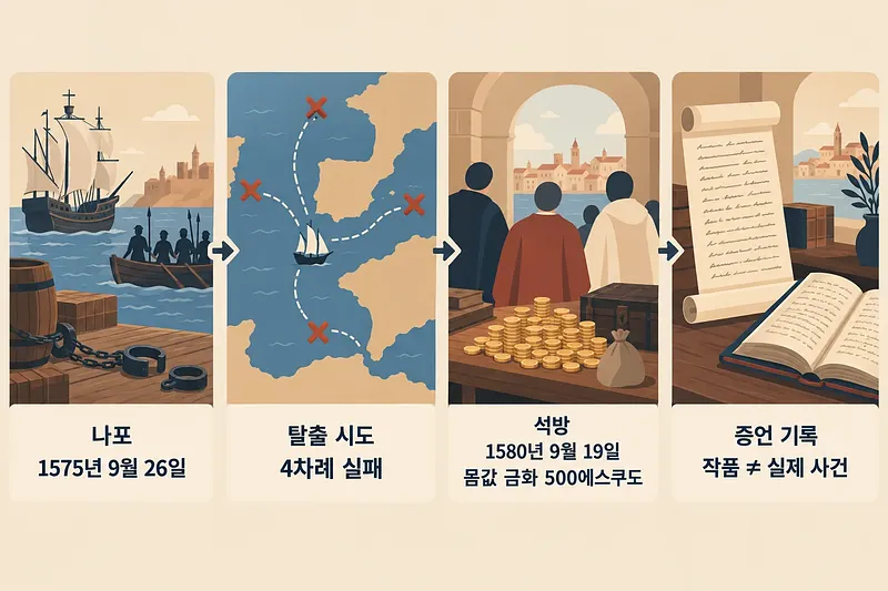 나포된 배, 실패한 탈출 경로, 몸값 금화, 증언 문서를 차례로 보여주는 4단계 인포그래픽