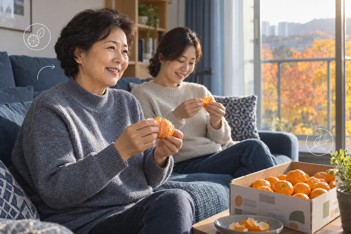 거실 소파에서 여성이 딸과 함께 감귤을 먹고, 옆 탁자에 감귤 상자가 놓여 있다