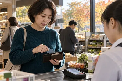 食料品店のレジで、女性が財布からカードを取り出している。そばには食料品と決済端末がある。