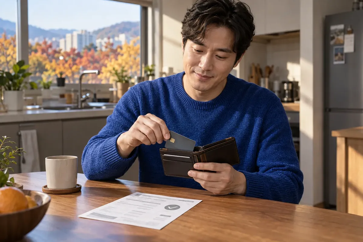 キッチンのテーブルで、男性が利用明細のそばにある財布にクレジットカードをしまっている。
