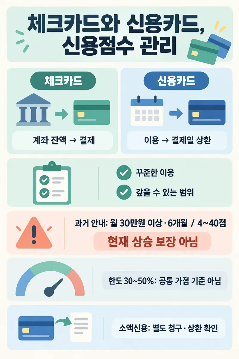 체크카드와 신용카드의 결제 방식, 꾸준한 이용과 상환, 신용점수 관련 주의사항을 정리한 인포그래픽