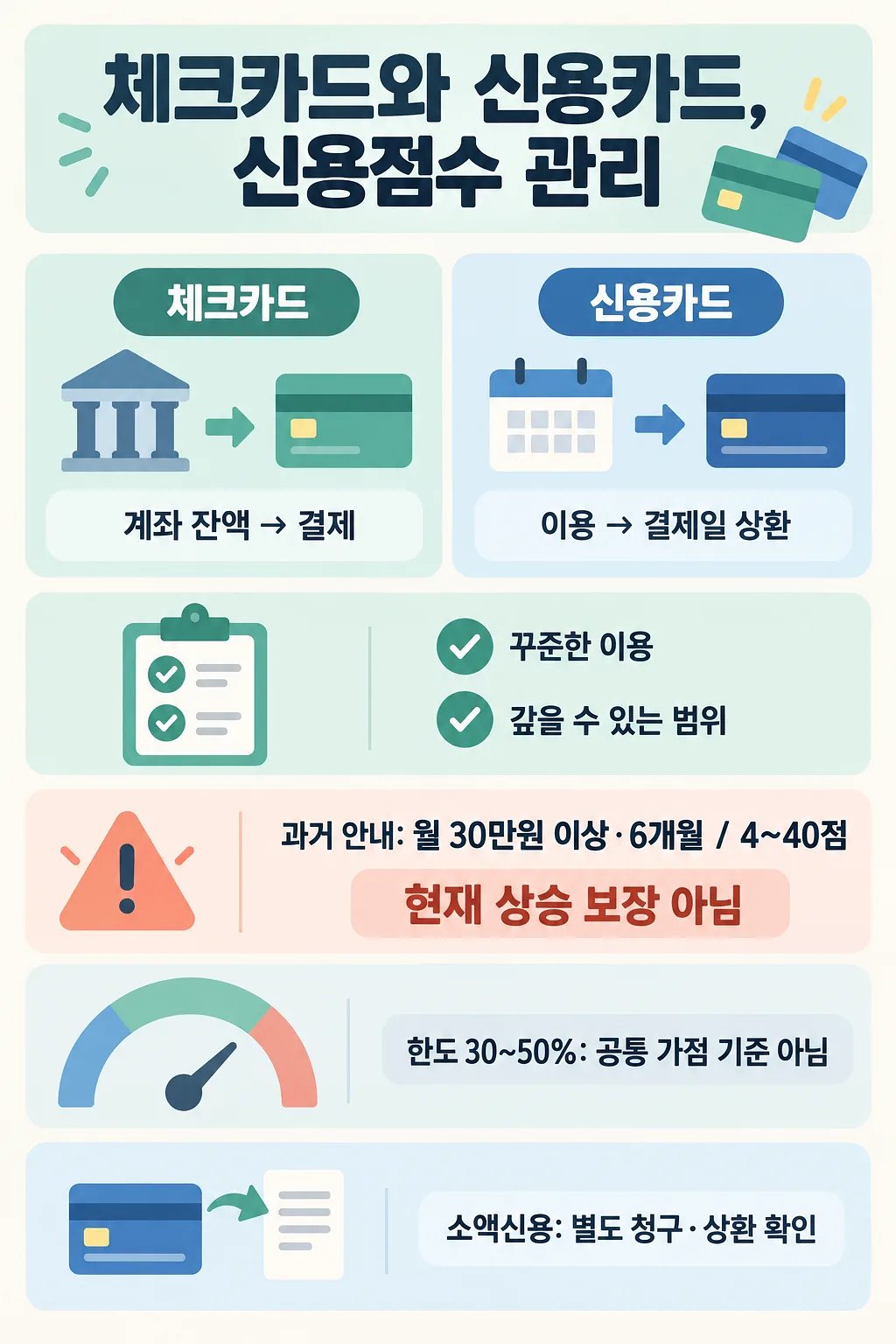 체크카드와 신용카드의 결제 방식, 꾸준한 이용과 상환, 신용점수 관련 주의사항을 정리한 인포그래픽