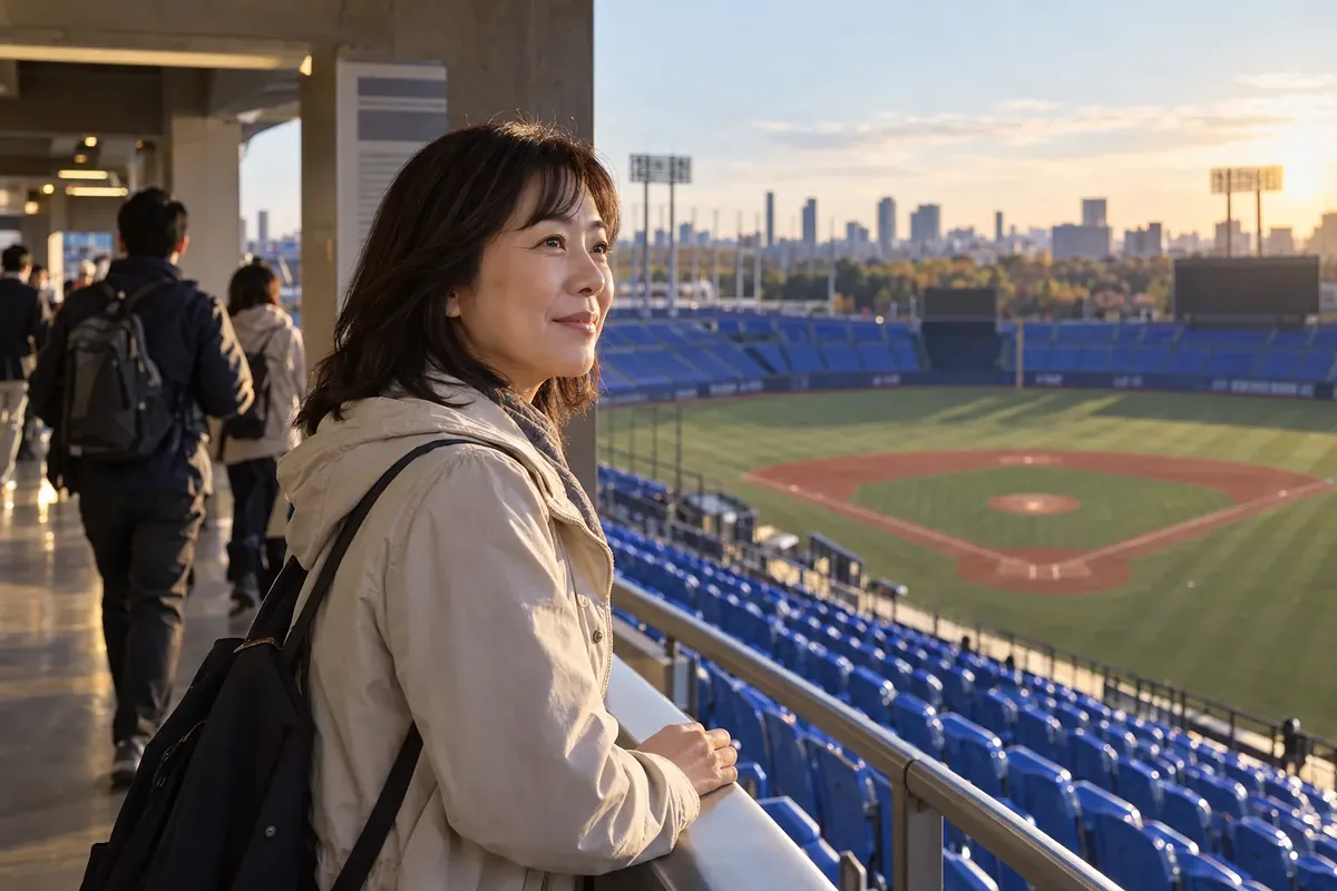 A woman in a light jacket looks out over an empty baseball field from the stadium concourse at sunset
