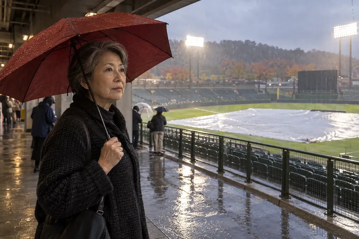 赤い傘を差した女性が、雨の中でシートに覆われた野球場のグラウンドを見つめる。