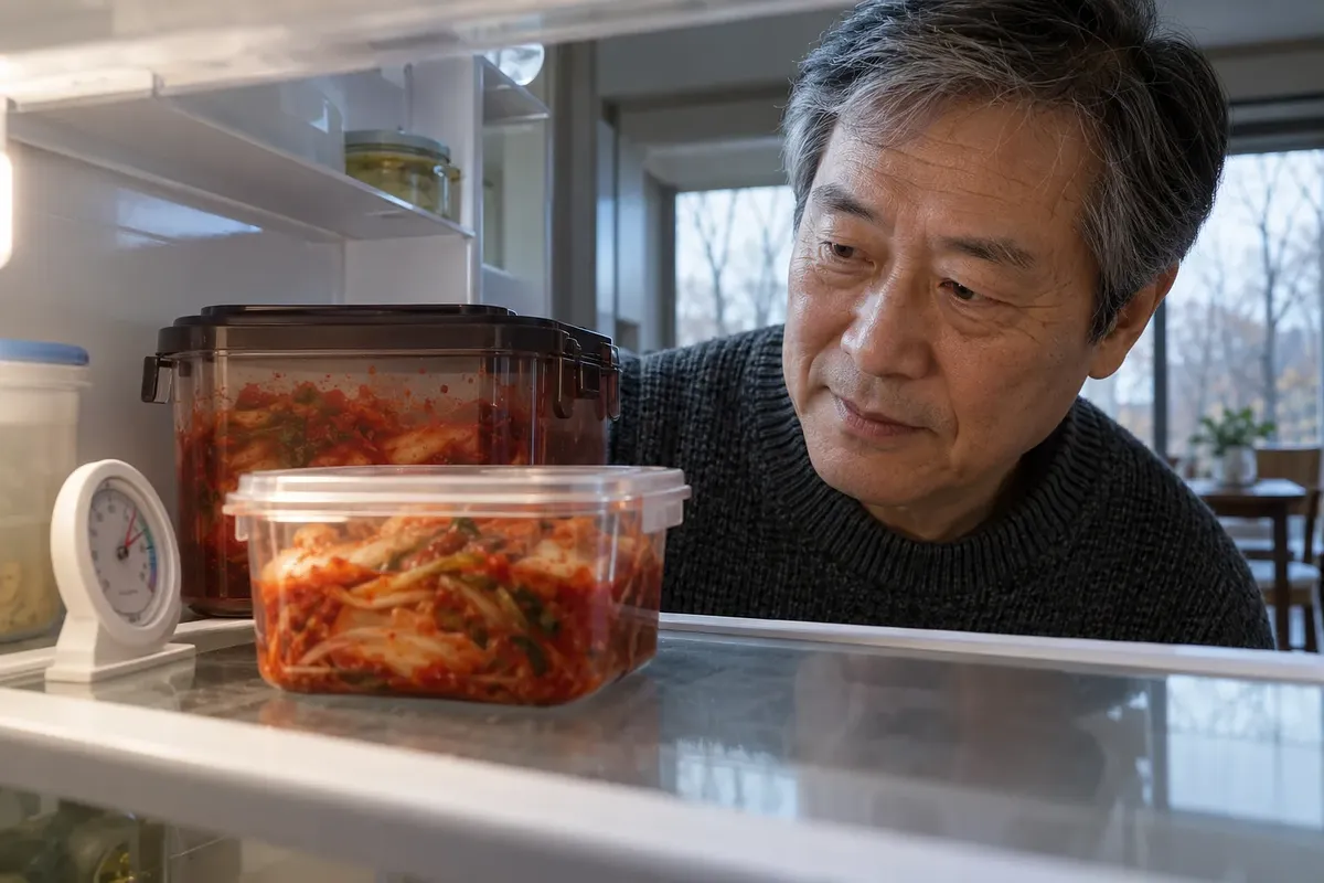 An older man checks a thermometer beside two containers of kimchi in an open refrigerator