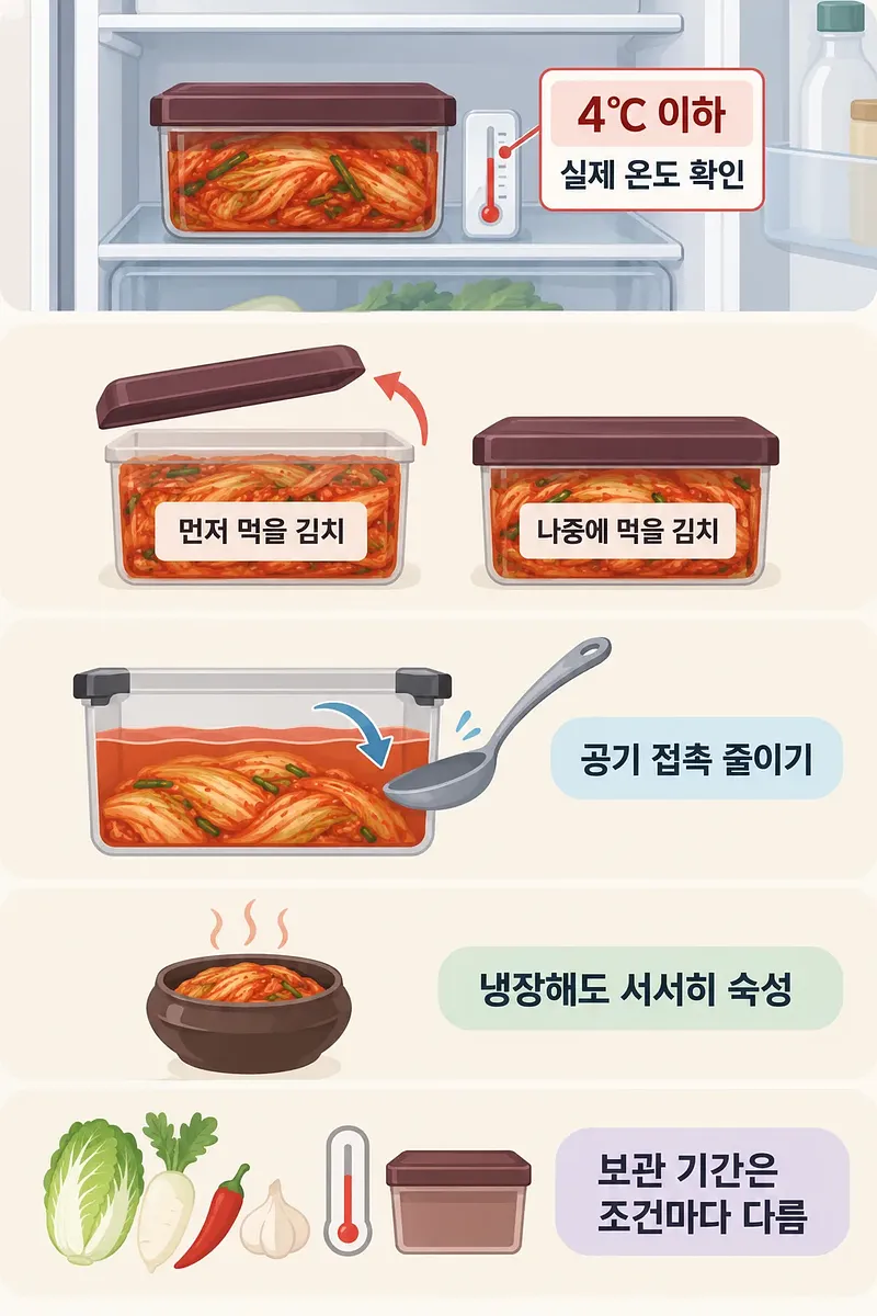 냉장고 속 김치와 온도계, 나눠 담은 김치, 공기 접촉·숙성·보관 기간 안내