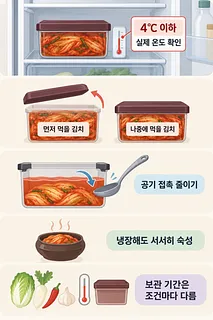 냉장고 속 김치와 온도계, 나눠 담은 김치, 공기 접촉·숙성·보관 기간 안내