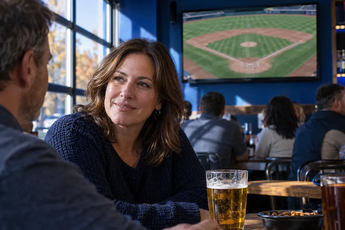 Una mujer mira a su acompañante en un bar deportivo; detrás, un televisor muestra un campo de béisbol vacío.