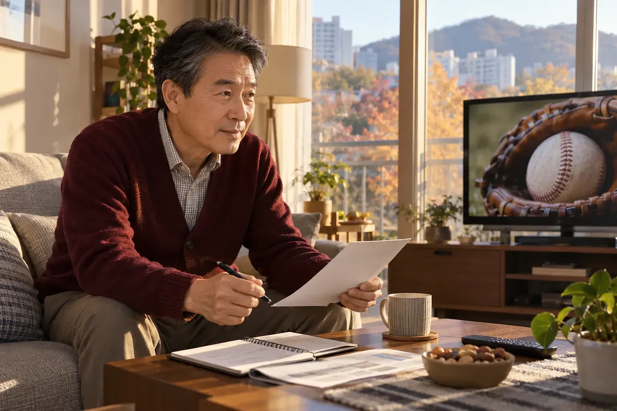 A man sits with a paper and pen in a sunlit living room as a baseball and glove appear on the TV.