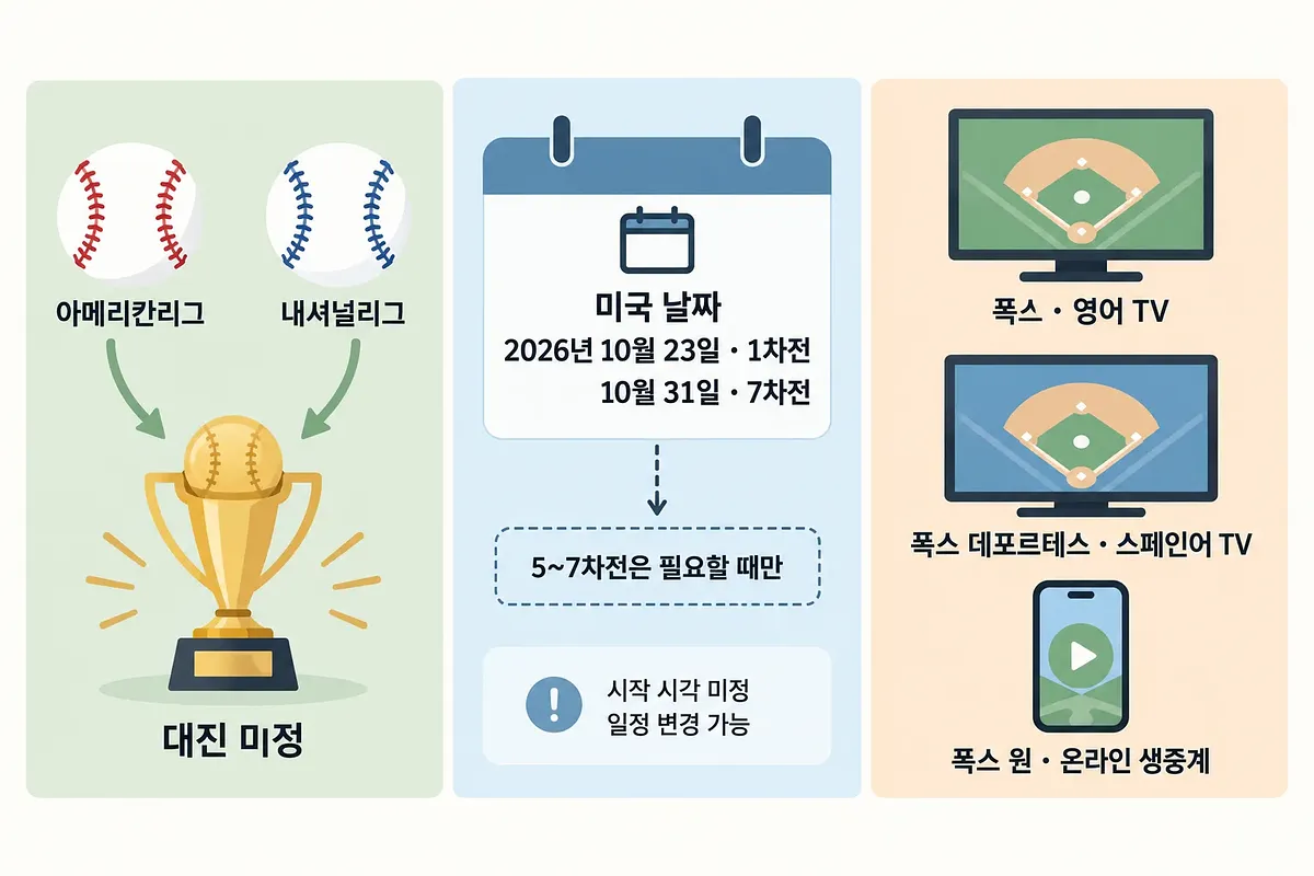 양대 리그에서 트로피로 향하는 화살표, 10월 경기 날짜, FOX 중계 경로를 나란히 정리한 인포그래픽
