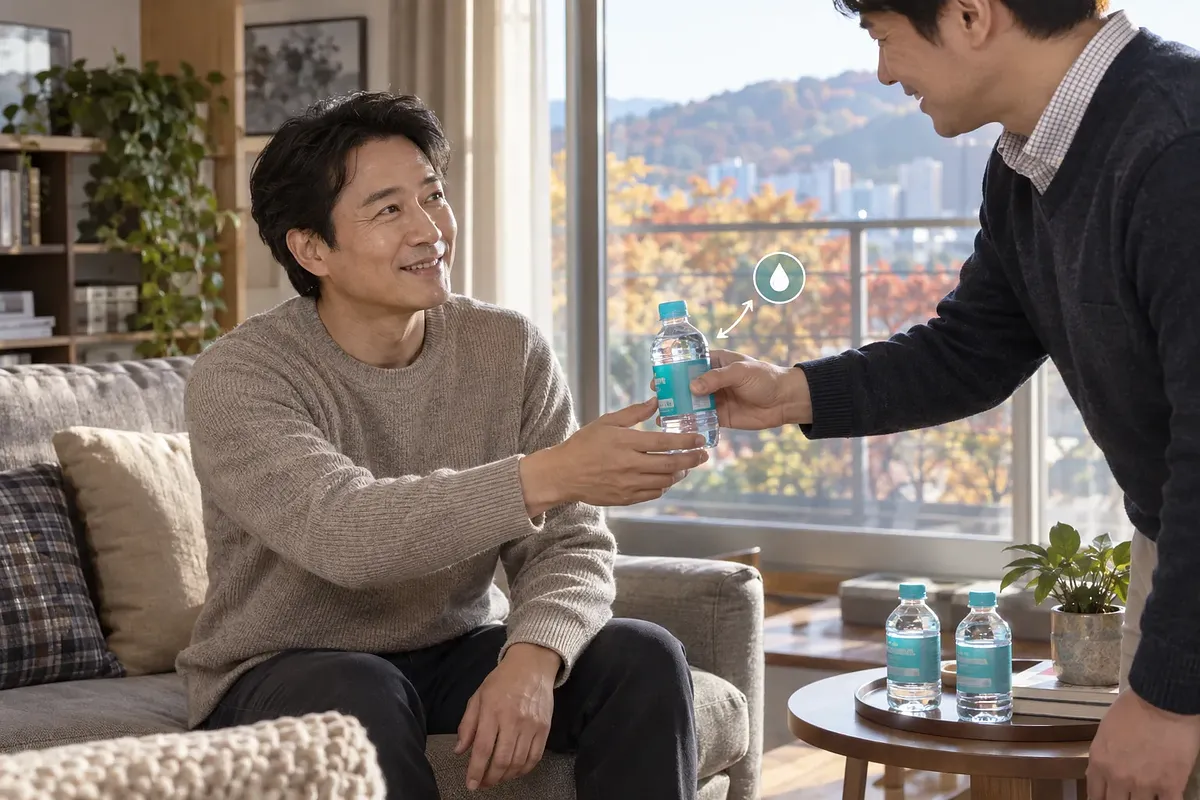 거실에서 웃고 있는 남성이 건네받는 작은 생수병을 잡고 있고, 옆 탁자에 생수병 두 개가 놓여 있다.