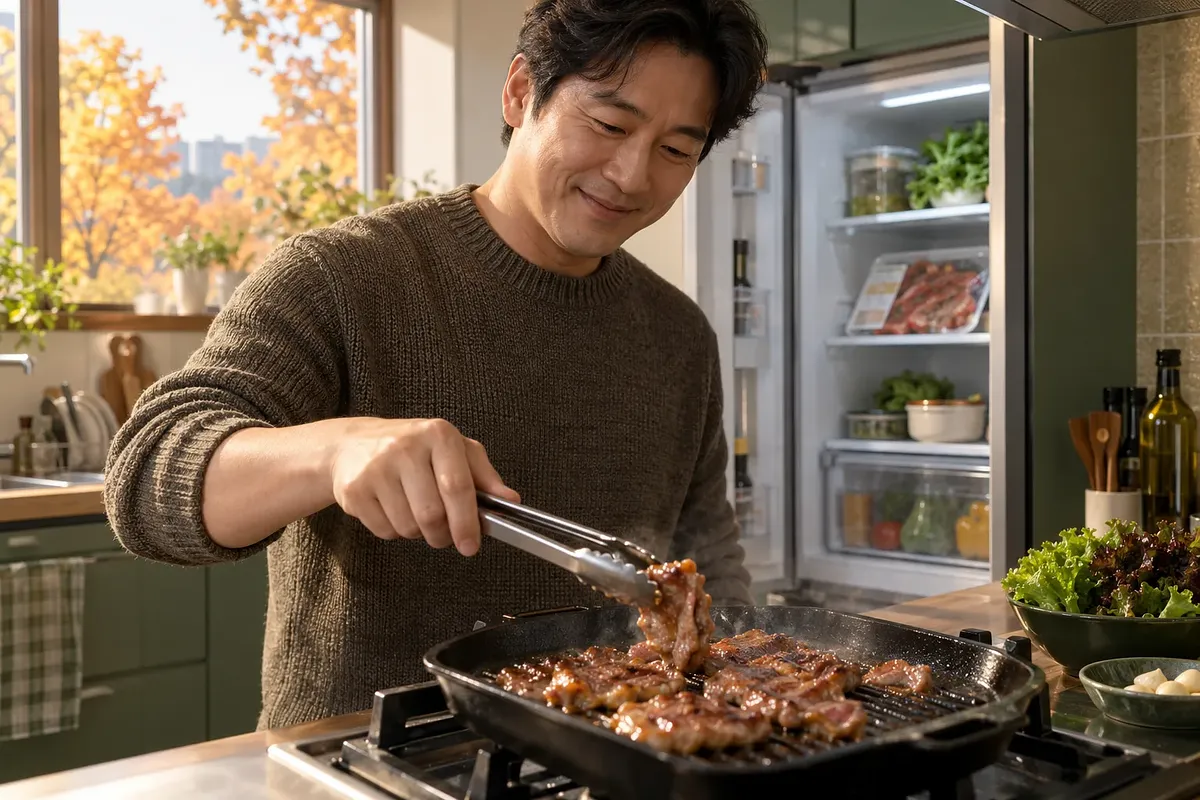 남성이 집 주방에서 집게로 양념 돼지고기를 굽고 있고, 열린 냉장고에 포장된 고기가 보인다.