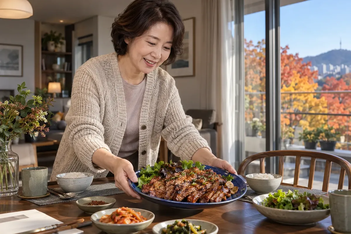 A smiling woman in a knit cardigan sets a platter of grilled pork on a table laid for two.