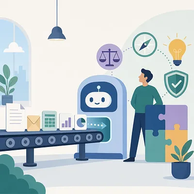 Illustration of a person beside an AI robot, conveyor belt, puzzle pieces, and skill icons