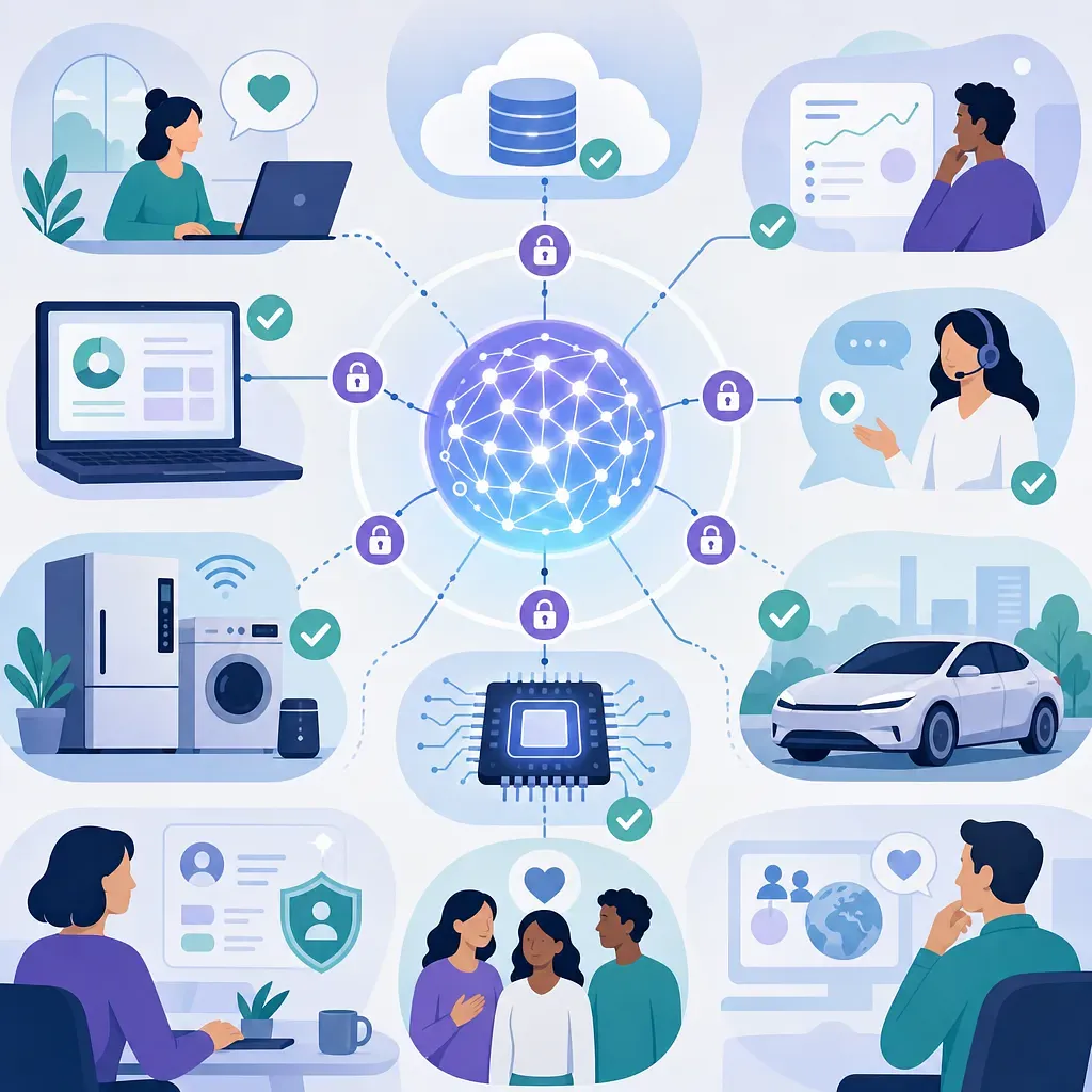 中央のAIネットワークが人、クラウド、機器、車、セキュリティアイコンをつなぐイラスト