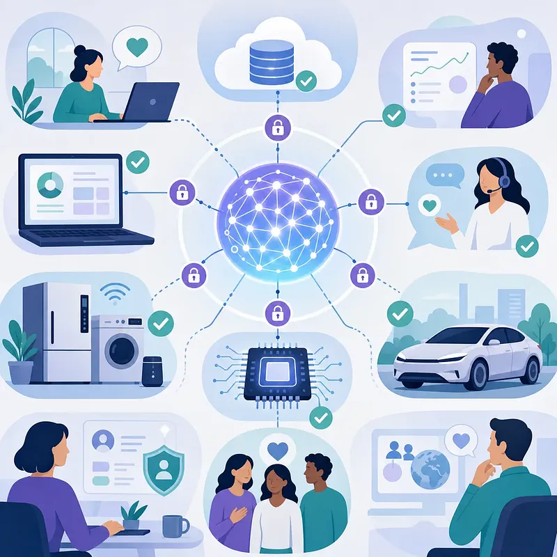 Red central de IA conectando personas, nube, dispositivos, un auto e iconos de seguridad