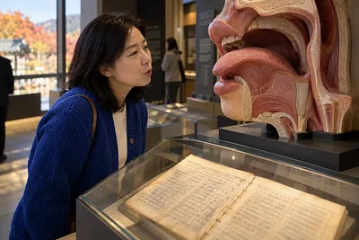 Una mujer con cárdigan azul mueve la boca mientras observa un gran modelo de la boca en un museo.