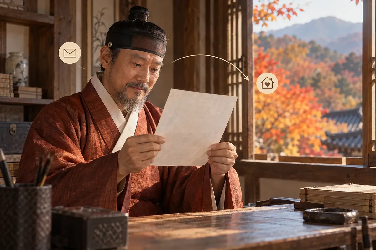 An older man in Joseon-era clothing reads a letter with no visible writing; an arrow links envelope and home symbols.