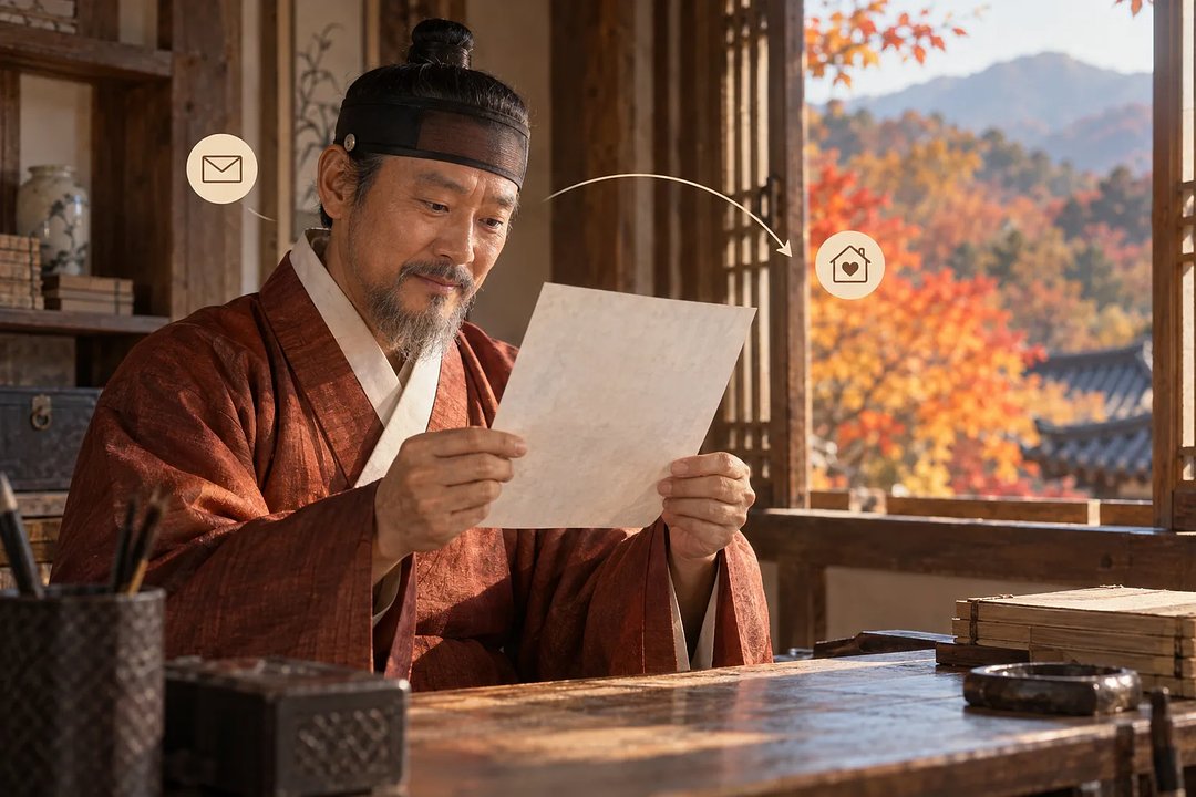 조선 시대 옷을 입은 노인이 글씨가 보이지 않는 편지를 읽고 있으며, 편지와 집 기호가 화살표로 이어져 있다.