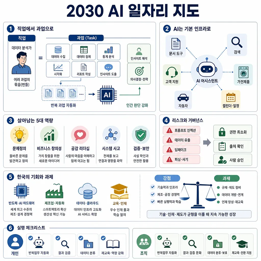 Infographic on the 2030 AI job map, showing task automation and key human skills
