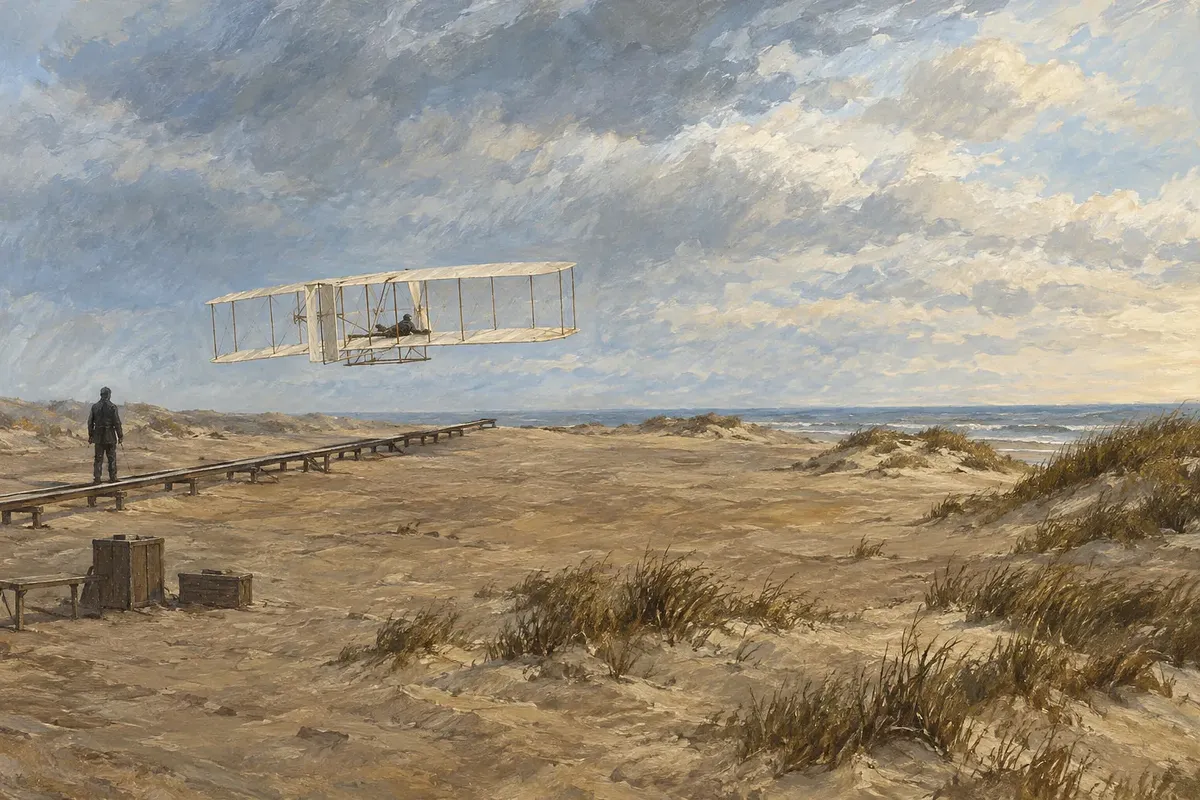 Biplane rising above a wooden launch rail on sandy dunes, with a prone pilot and a person standing nearby