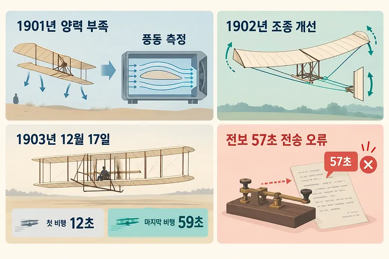 Infografía de cuatro paneles sobre falta de sustentación, túnel de viento, control, tiempos de vuelo y error telegráfico