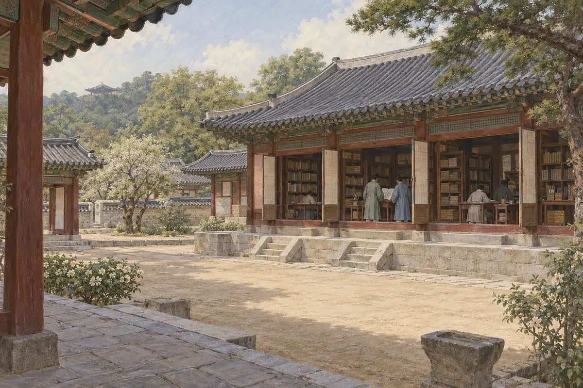 宮殿の中庭の向こうにある書庫で、学者たちが書棚のそばで文書を調べる歴史画
