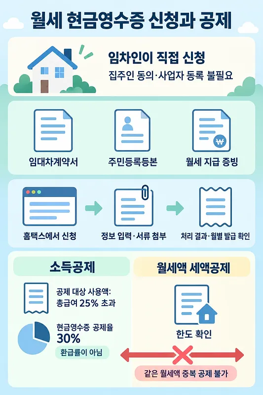 월세 현금영수증 신청 준비물과 홈택스 신청 절차, 소득공제·세액공제 중복 불가를 정리한 인포그래픽