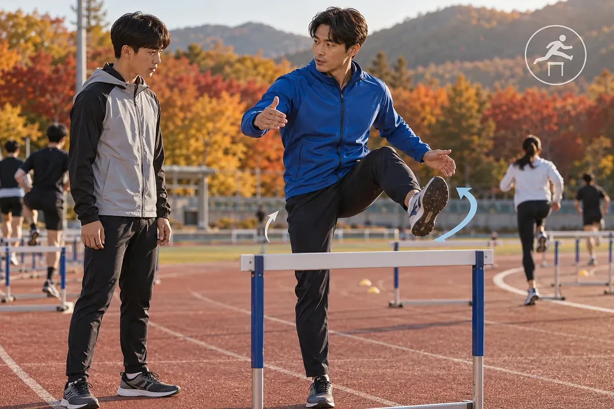 Un hombre con chaqueta azul enseña a un adolescente a superar una valla en una pista de atletismo otoñal.
