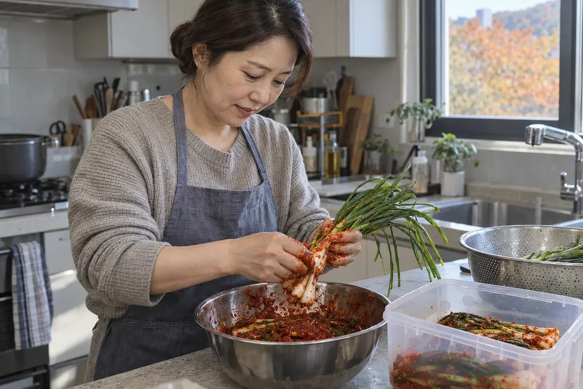 주방에서 쪽파의 흰 부분에 붉은 양념을 바르는 여성, 옆에는 체와 보관 용기가 있다.
