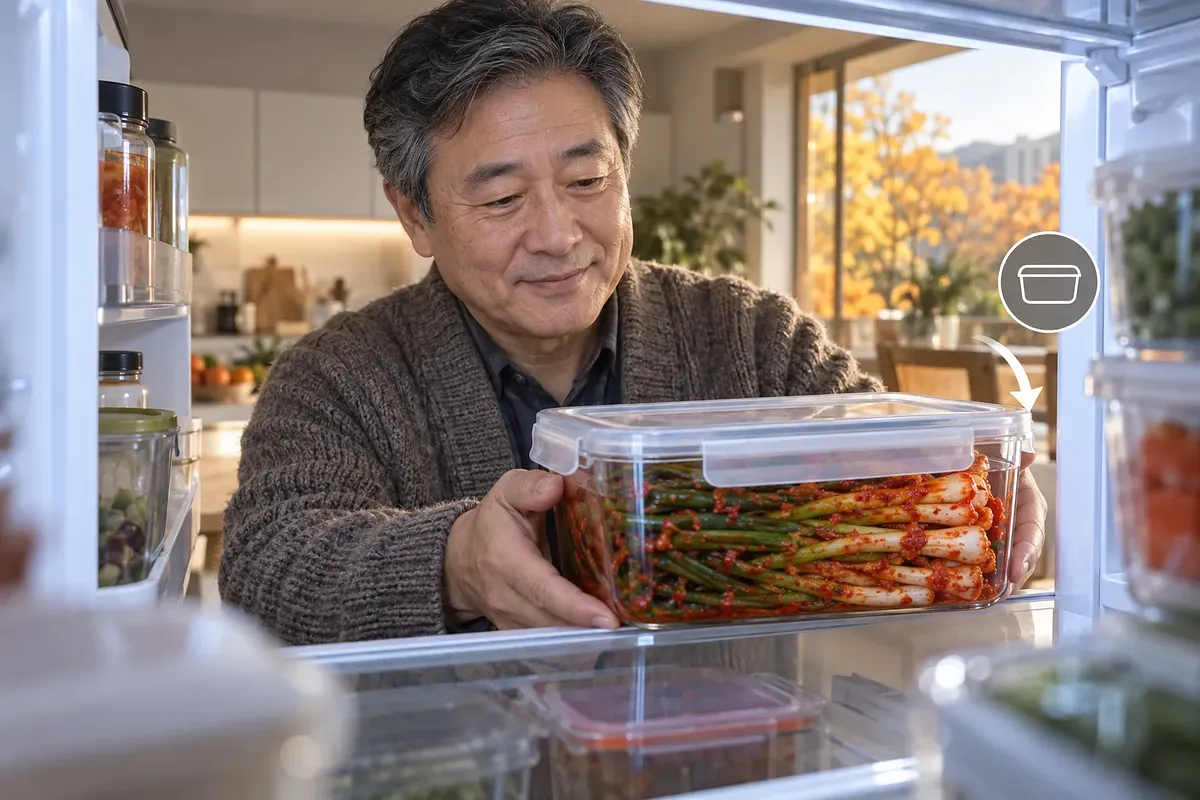 Un hombre mayor coloca un recipiente transparente con tapa y kimchi de cebolleta en el refrigerador.