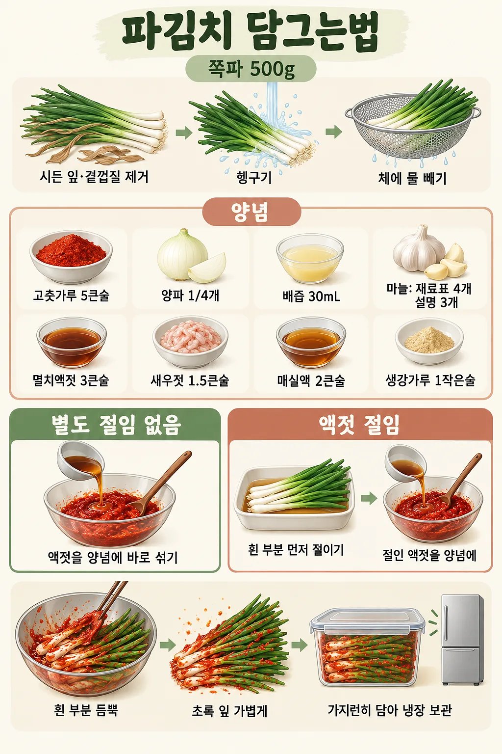 쪽파 손질부터 양념 재료, 별도 절임 여부에 따른 파김치 담그기 순서를 정리한 인포그래픽