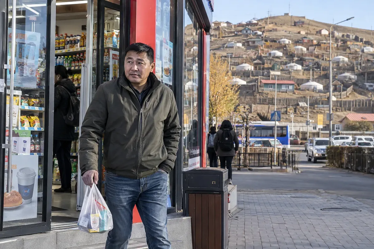 Man carrying a grocery bag outside a convenience store in Ulaanbaatar, with hillside homes and gers behind him
