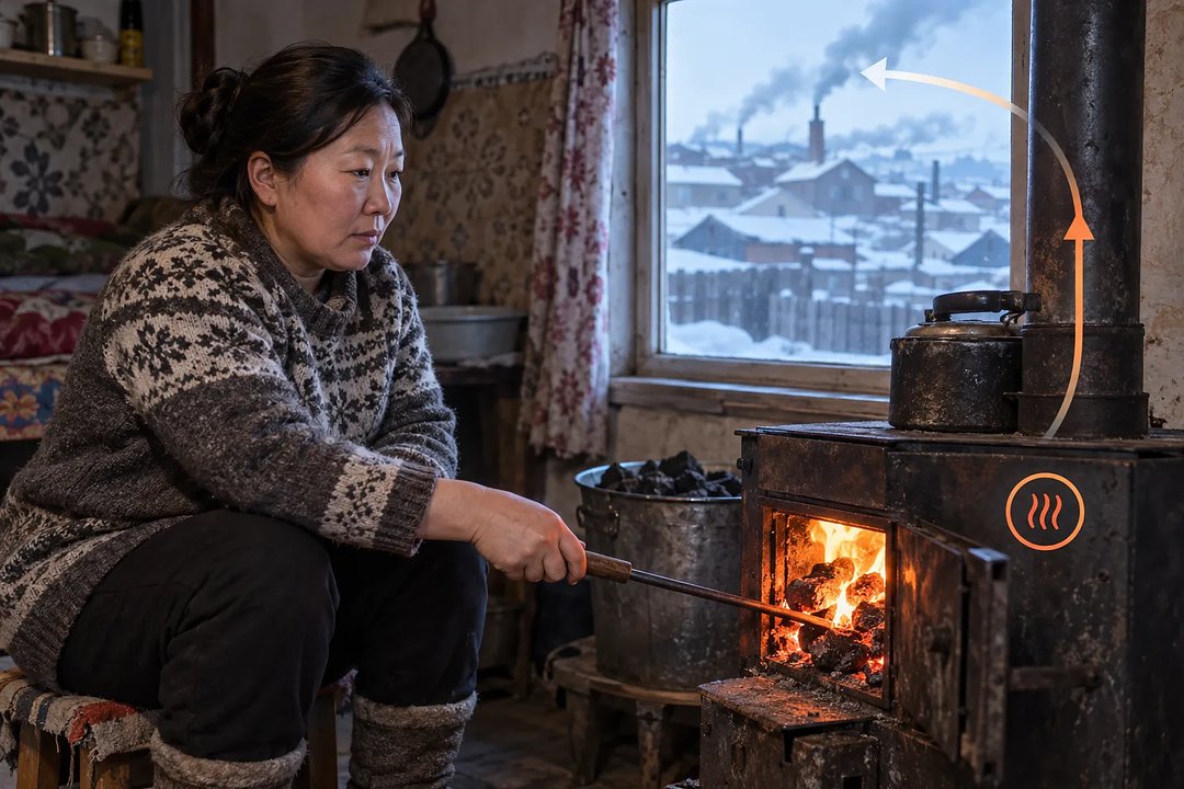 여성이 석탄 난로를 돌보고, 창밖 눈 덮인 집들 위로 굴뚝 연기가 피어오른다.