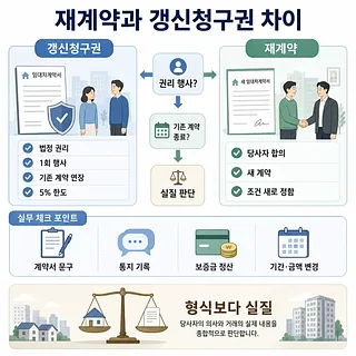 재계약과 갱신청구권의 차이를 설명하는 임대차 계약 비교 인포그래픽