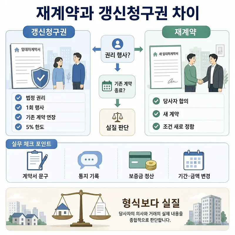 賃貸借の更新請求権と再契約の違いを比較するインフォグラフィック