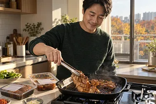男性がグリルパンで味付け豚肉をトングで返し、そばに開封済みと未開封のパックが置かれている。