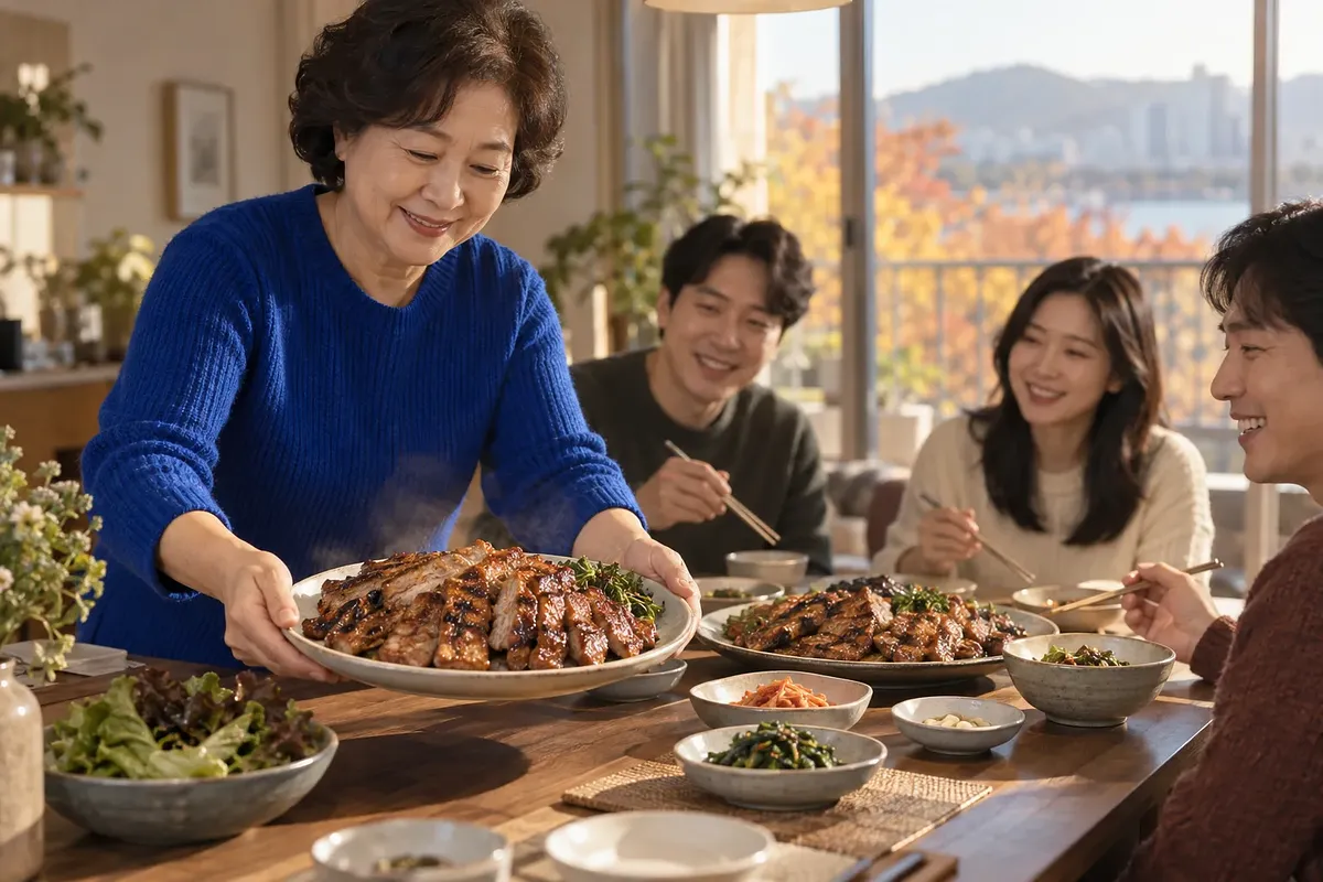 A woman in a blue sweater brings another platter of grilled, scored pork to three diners at a table.