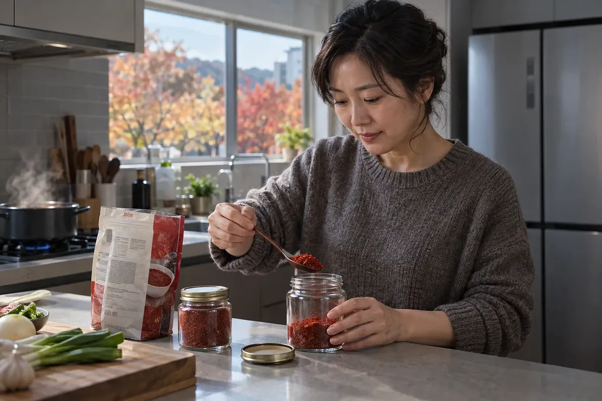 A woman spoons red chili powder into a glass jar in a kitchen.