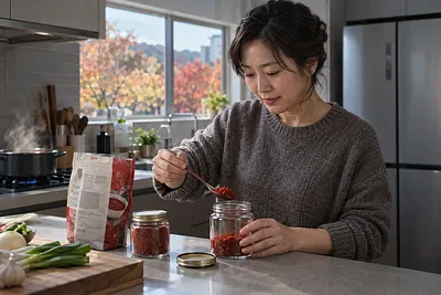 A woman spoons red chili powder into a glass jar in a kitchen.