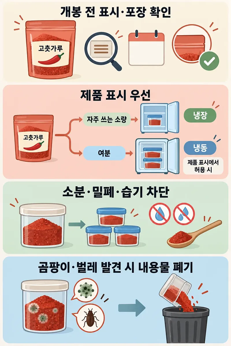 고춧가루 포장 확인, 냉장·냉동 선택, 소분과 습기 차단, 곰팡이·벌레 발견 시 폐기를 안내하는 그림