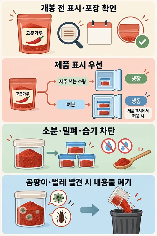 唐辛子粉の表示確認、冷蔵・冷凍、湿気対策、カビや虫が出た場合の廃棄を示す図