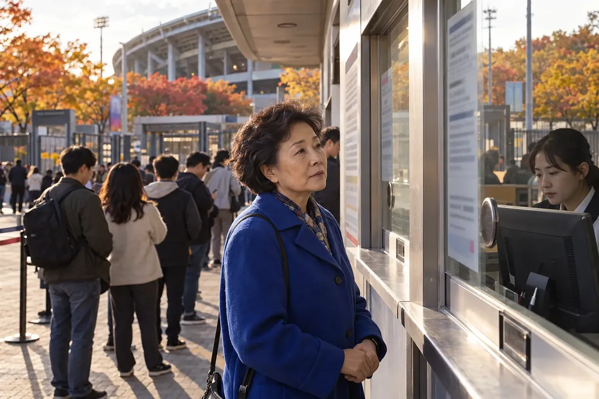 야구장 매표소 창구 앞에 파란 코트를 입은 여성이 서 있고, 안쪽에 직원과 뒤편 대기 줄이 보인다.