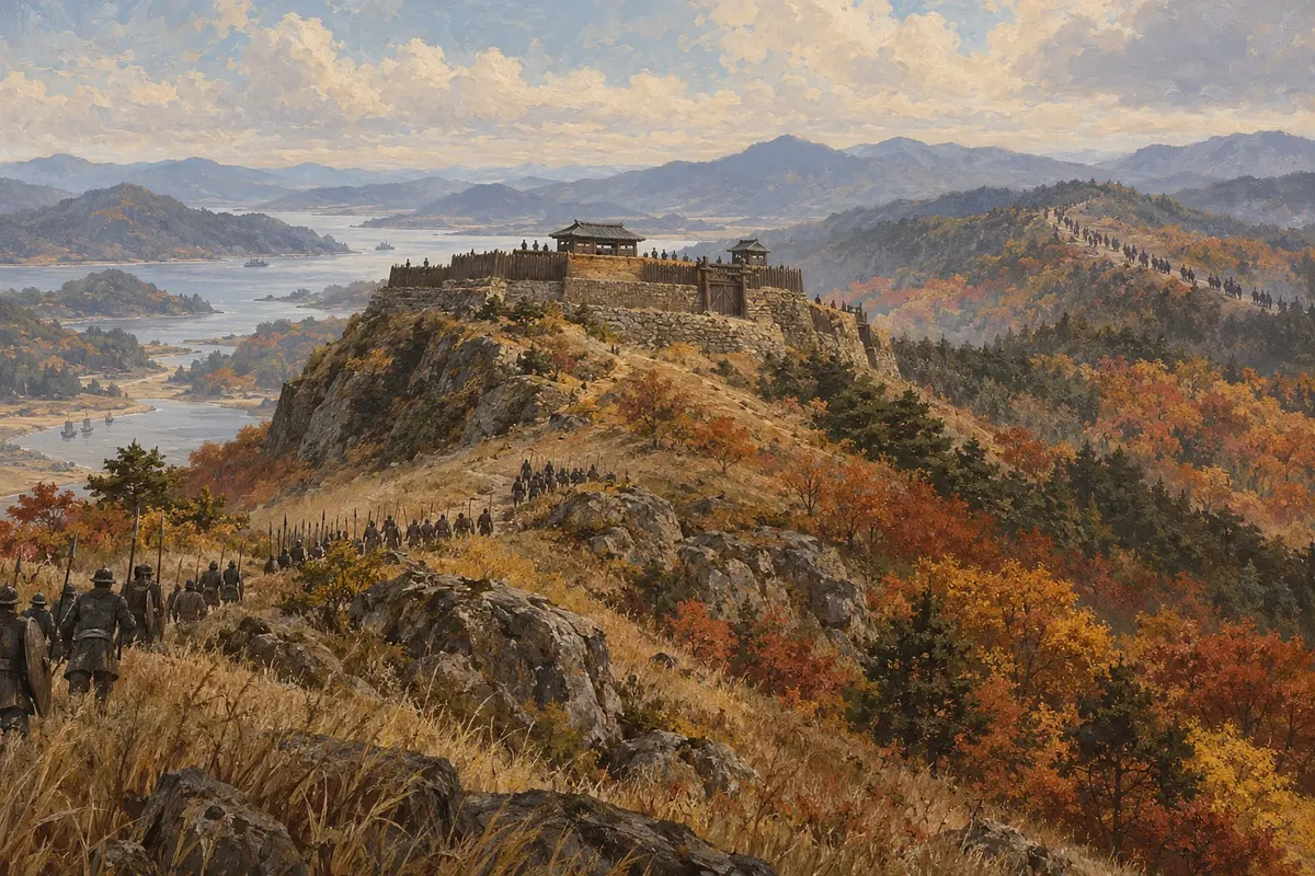 Soldiers approach a hilltop fortress through autumn hills, while another column moves along a distant ridge.