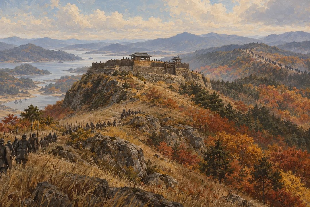 가을 산길을 따라 군사들이 언덕 위 성곽으로 향하고, 먼 능선에도 병력이 이어진다.