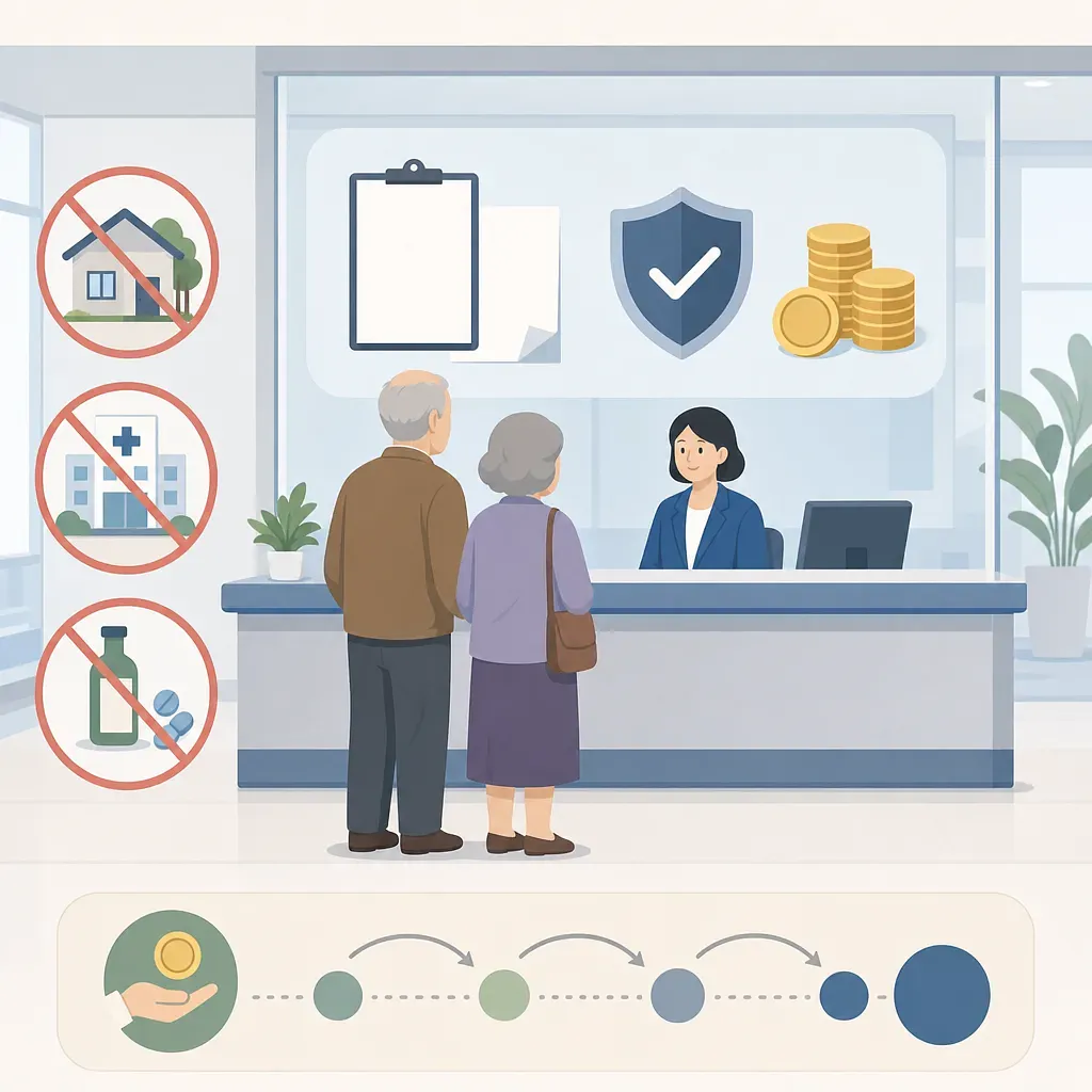 Elderly couple receiving loan guidance from a staff member at a service counter