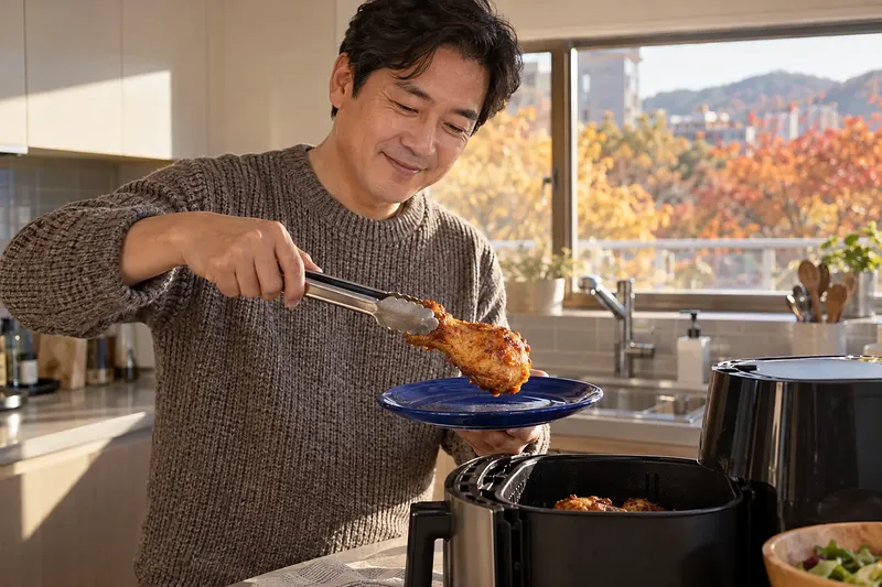 笑顔の男性がトングでエアフライヤーからこんがり焼けた鶏の骨付きもも肉を青い皿に移している。